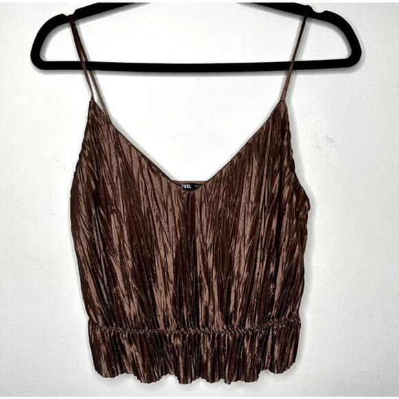 Zara Bronze Brown Travel Crinkle Satin Peplum Tank Spaghetti Strap V-Neck S - Picture 2 of 13